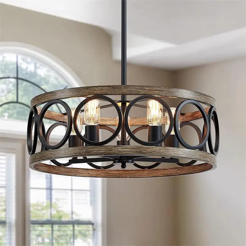 DecorBites™ Industrial Farmhouse Chandelier Retro Iron Wood Grain Ceiling Light