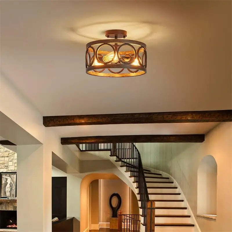 DecorBites™ Industrial Farmhouse Chandelier Retro Iron Wood Grain Ceiling Light