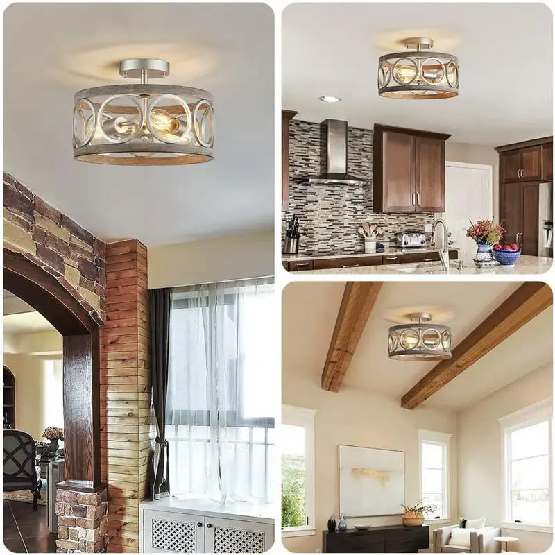 DecorBites™ Industrial Farmhouse Chandelier Retro Iron Wood Grain Ceiling Light