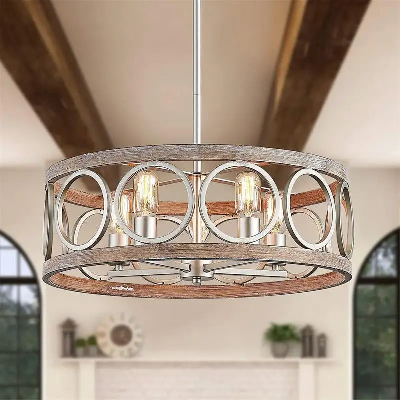 DecorBites™ Industrial Farmhouse Chandelier Retro Iron Wood Grain Ceiling Light