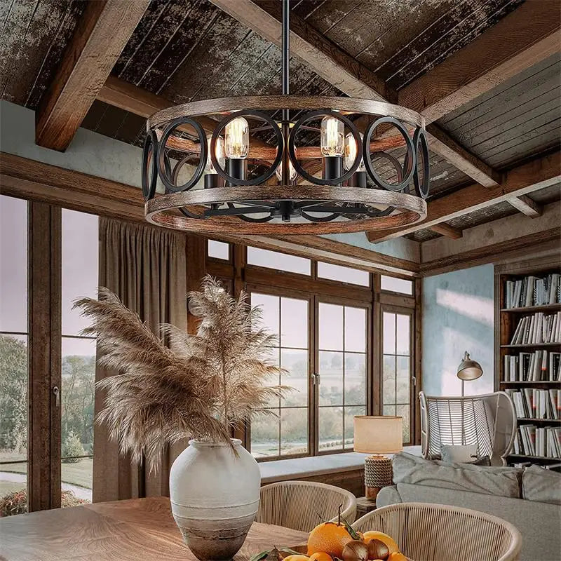 DecorBites™ Industrial Farmhouse Chandelier Retro Iron Wood Grain Ceiling Light