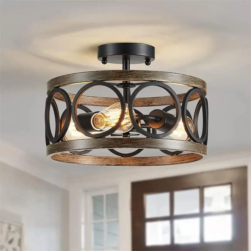 DecorBites™ Industrial Farmhouse Chandelier Retro Iron Wood Grain Ceiling Light